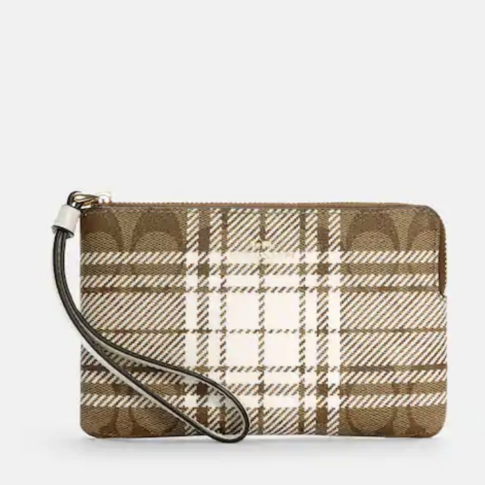 Coach Zip Corner Wristlet In Signature Canvas With Hunting Fishing Plaid Print